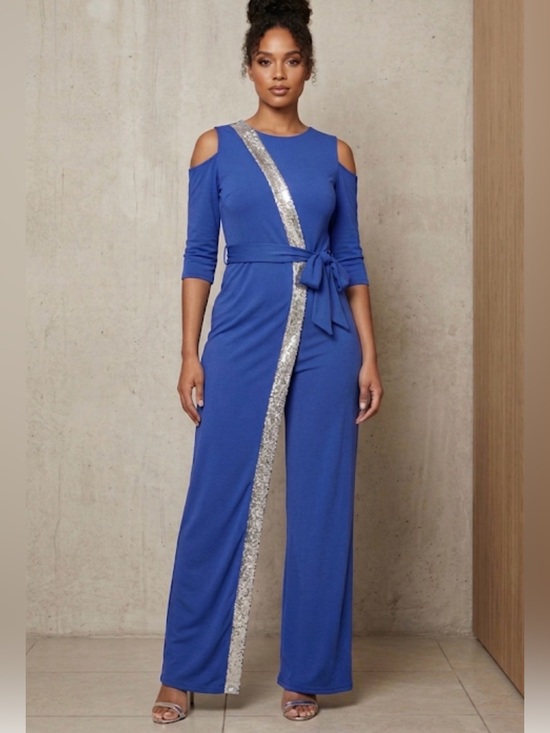 Pants - Cold-Shoulder Royal Blue Jumpsuit with Silver Sequin Trim